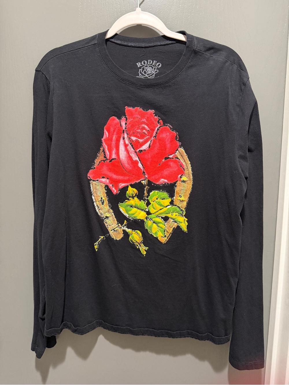Rodeo Quincy Long Sleeve Black Tee with Red Rose Graphic